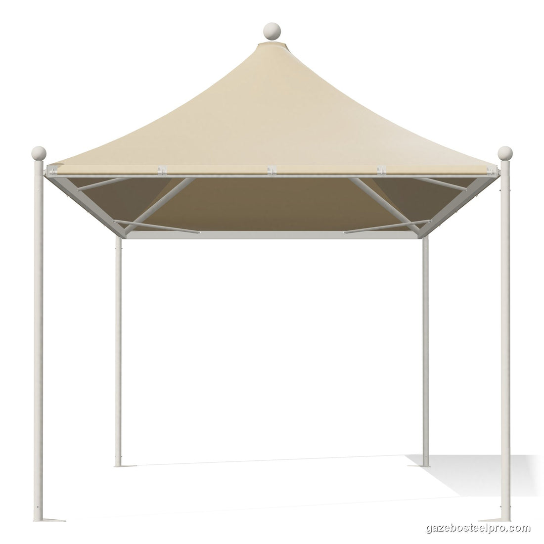 Gazebo 3x6 Airone New visto di fronte: tetto a punta con sfera sul colmo, traverse inclinate e montanti tondi bianchi