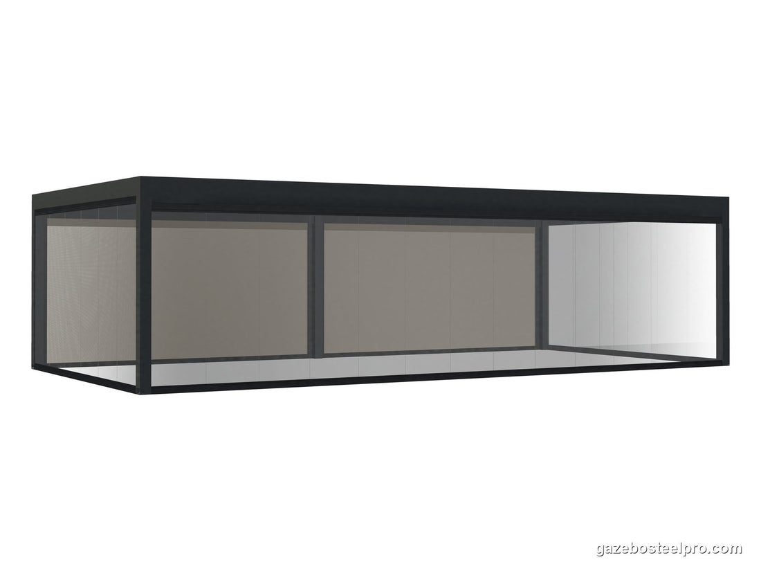 Pergola QBox Linea Big 10 × 5 m chiusa con vetrate scorrevoli davanti e sui lati e tenda ZIP dietro, vista 3D
