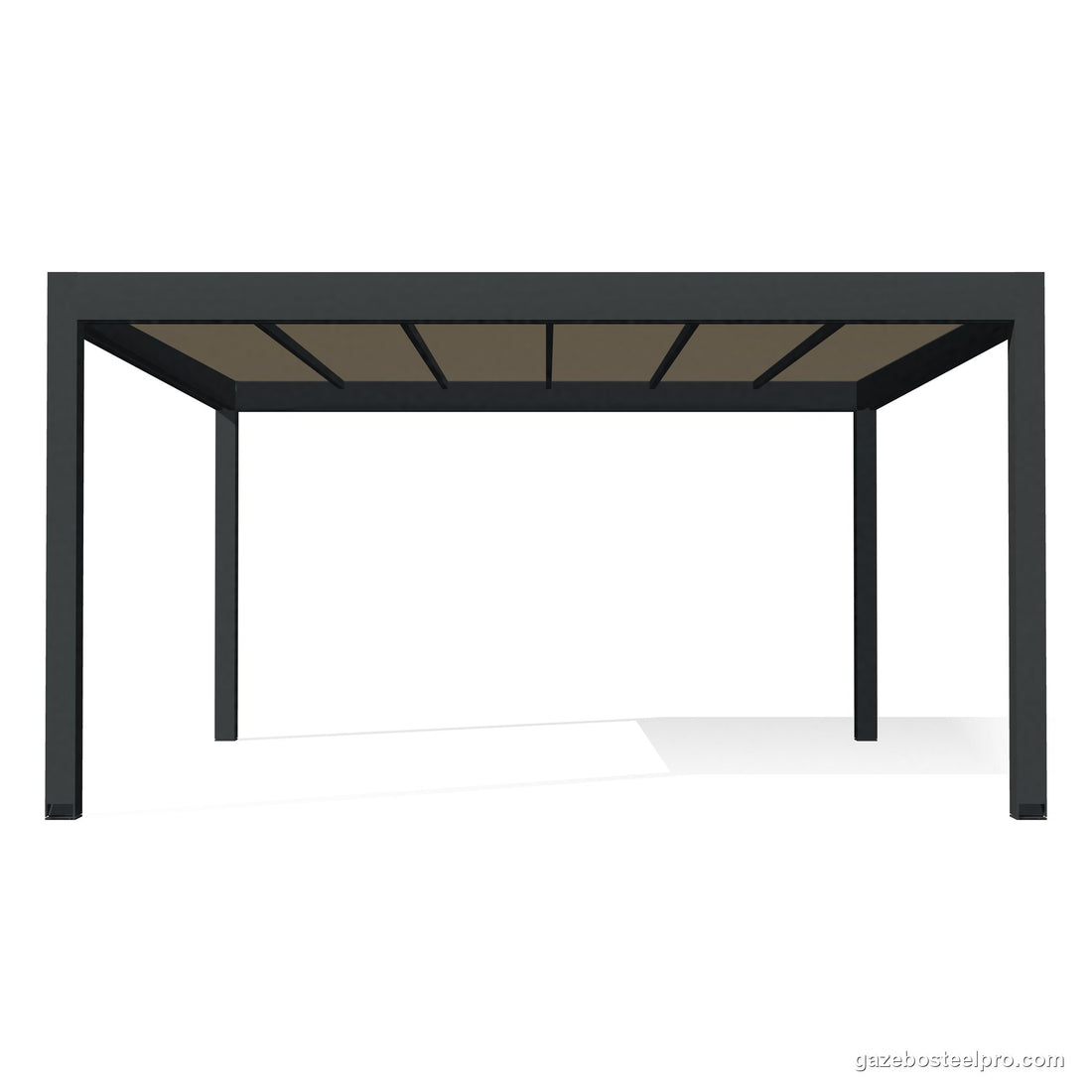 Pergola QBox Linea Medium 5 × 5 m vista di fronte: la copertura piana è nascosta dentro la trave 242, vista 3D