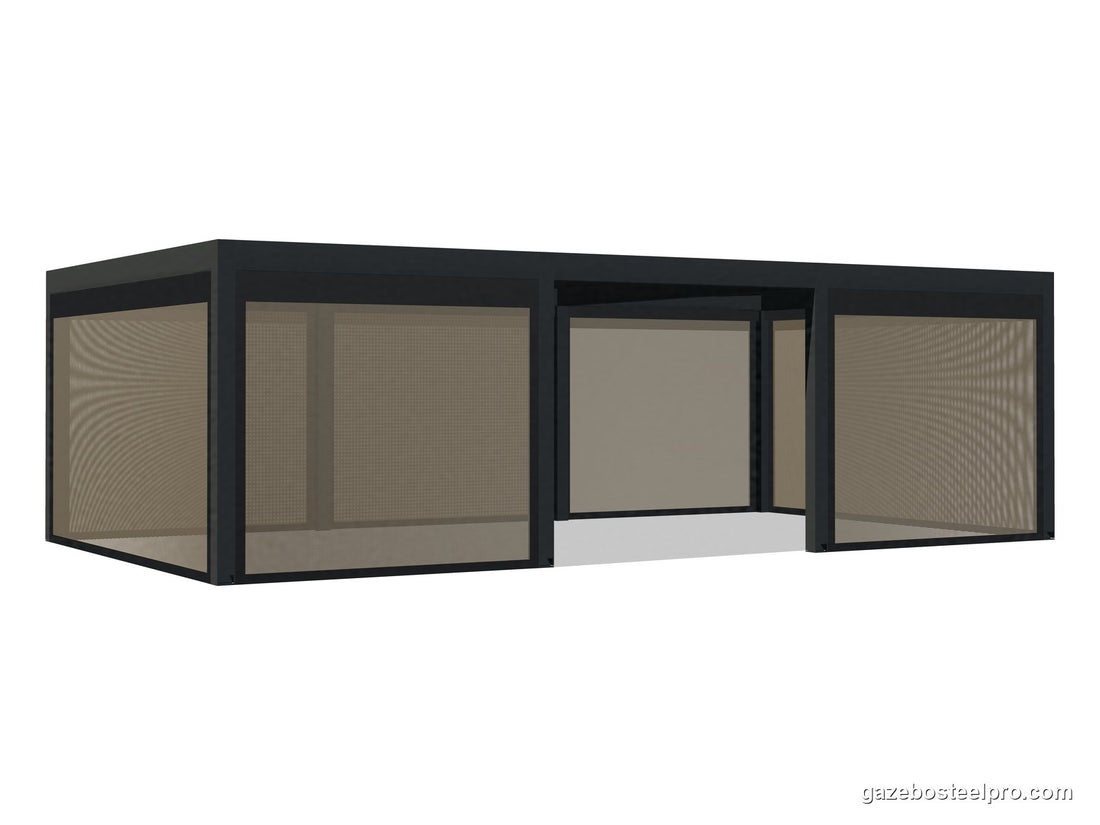 Pergola QBox Linea Medium 9 × 5 m come rimessa per auto, con la tenda ZIP motorizzata della campata centrale alzata, vista 3D