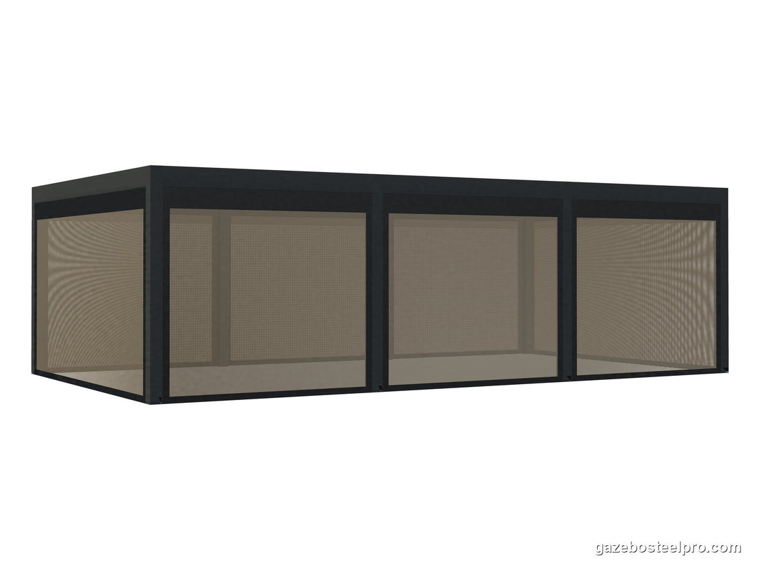 Pergola QBox Linea Medium 9 × 5 m come rimessa per auto: tre moduli 3 × 5 affiancati, chiusi su tutti i lati con tende ZIP motorizzate, vista 3D