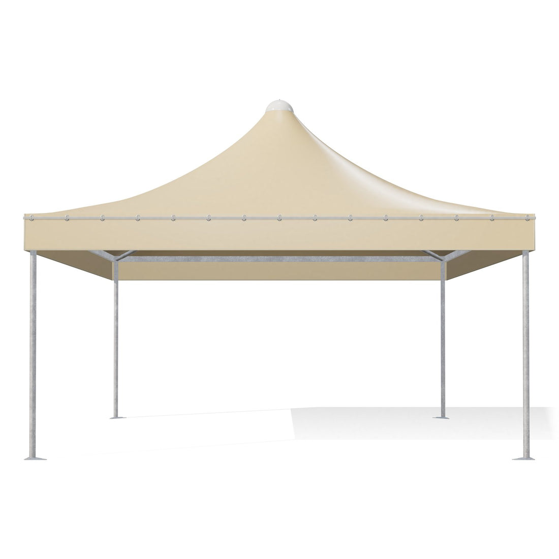 Gazebo 5x5 Airone Basic visto di fronte: montanti tondi Ø60 zincati, travi perimetrali e traverse sotto il telo beige RAL 1014