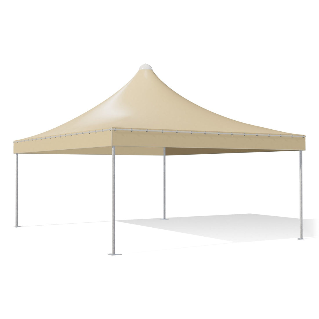 Gazebo 5x6 Airone Basic in acciaio zincato con montanti tondi Ø60 e telo beige, tetto a punta, vista di tre quarti