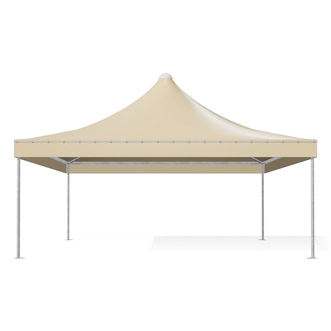 Gazebo 6x6 Airone Basic visto di fronte: montanti tondi Ø60 zincati, travi perimetrali e traverse sotto il telo beige RAL 1014