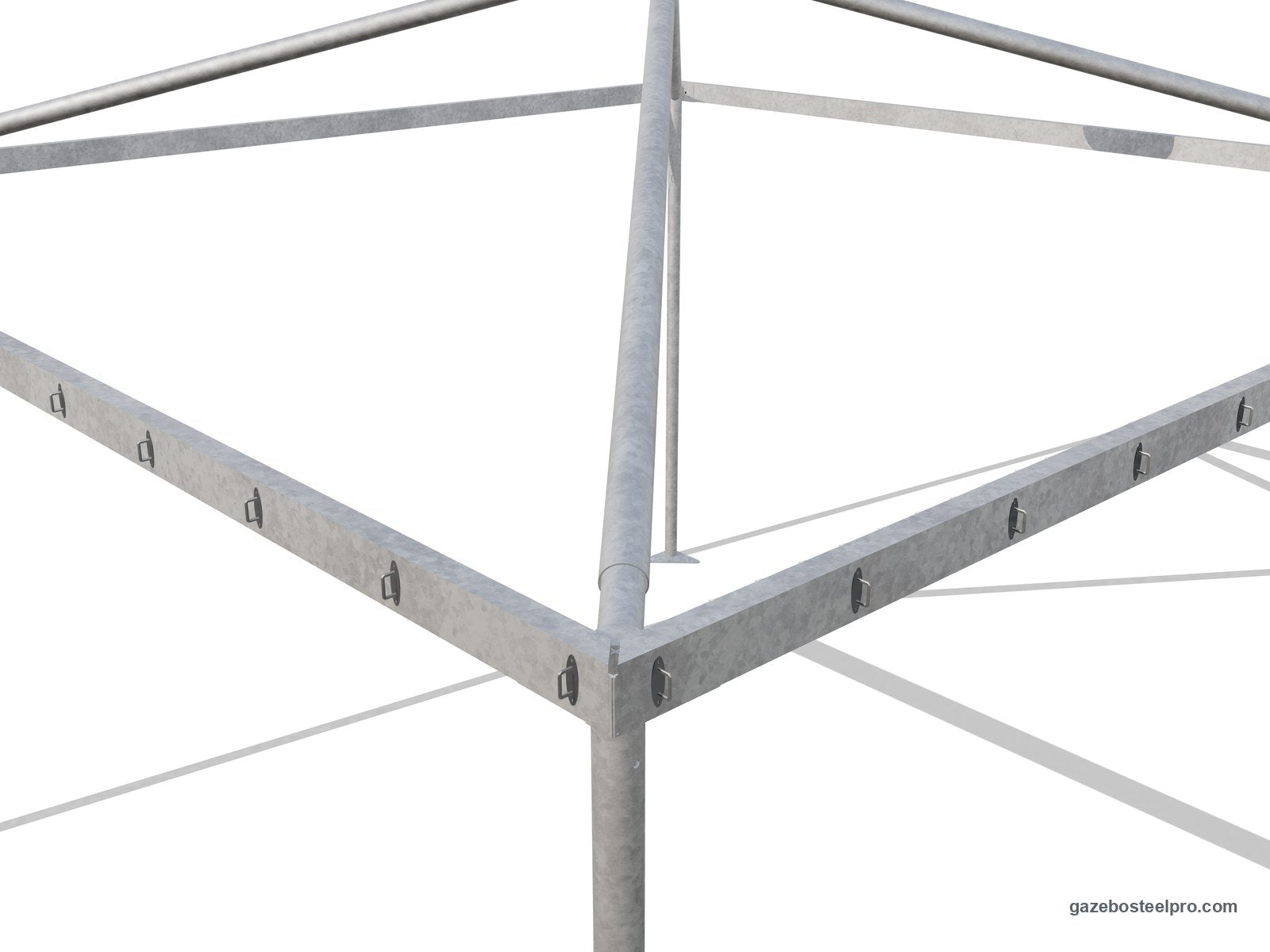 Angolo alto del gazebo Airone Basic senza telo: giunto angolare, montante tondo Ø60, travi 80×40 con i cavallotti e traversa