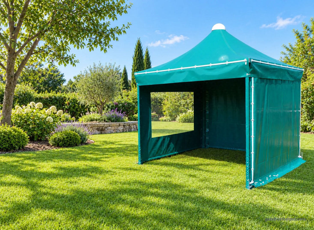 Gazebo Airone Basic con telo e laterali verdi, chiuso su tre lati con una finestra trasparente, fronte aperto