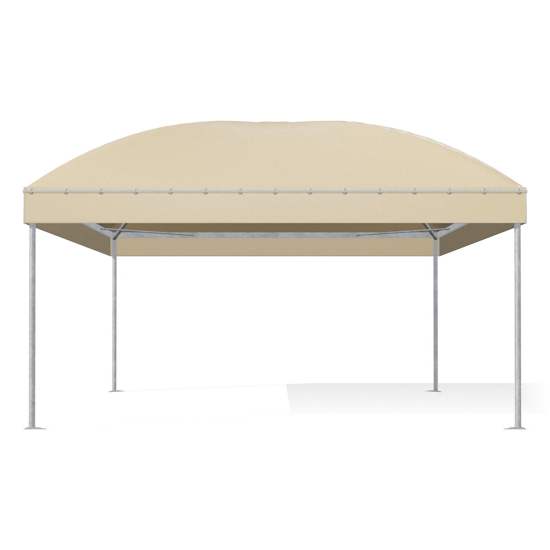Gazebo 5x6 Gemma Basic visto di fronte: montanti tondi Ø60 zincati, barre perimetrali e archi sotto il telo beige RAL 1014