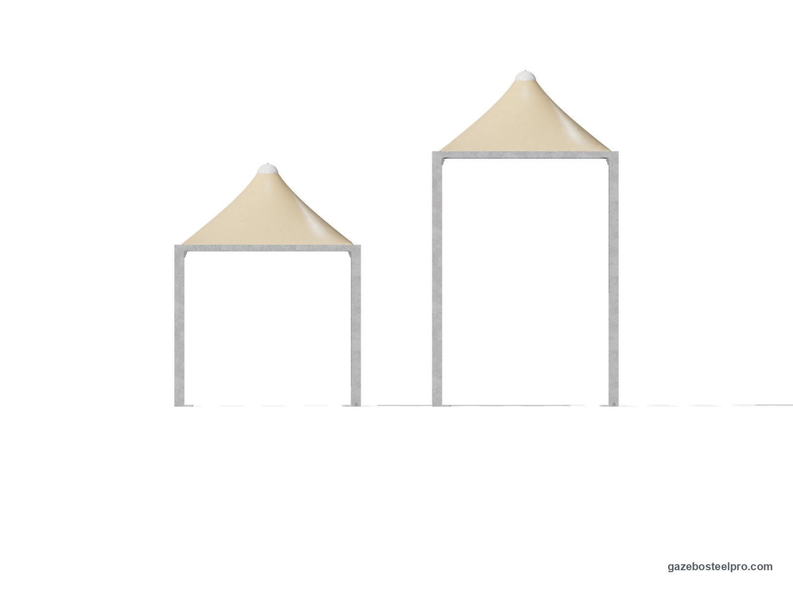 Lo stesso gazebo 3x4 Airone Max Leggero in prospetto a 2,50 m e a 4,00 m sotto la trave, con il tetto a punta beige