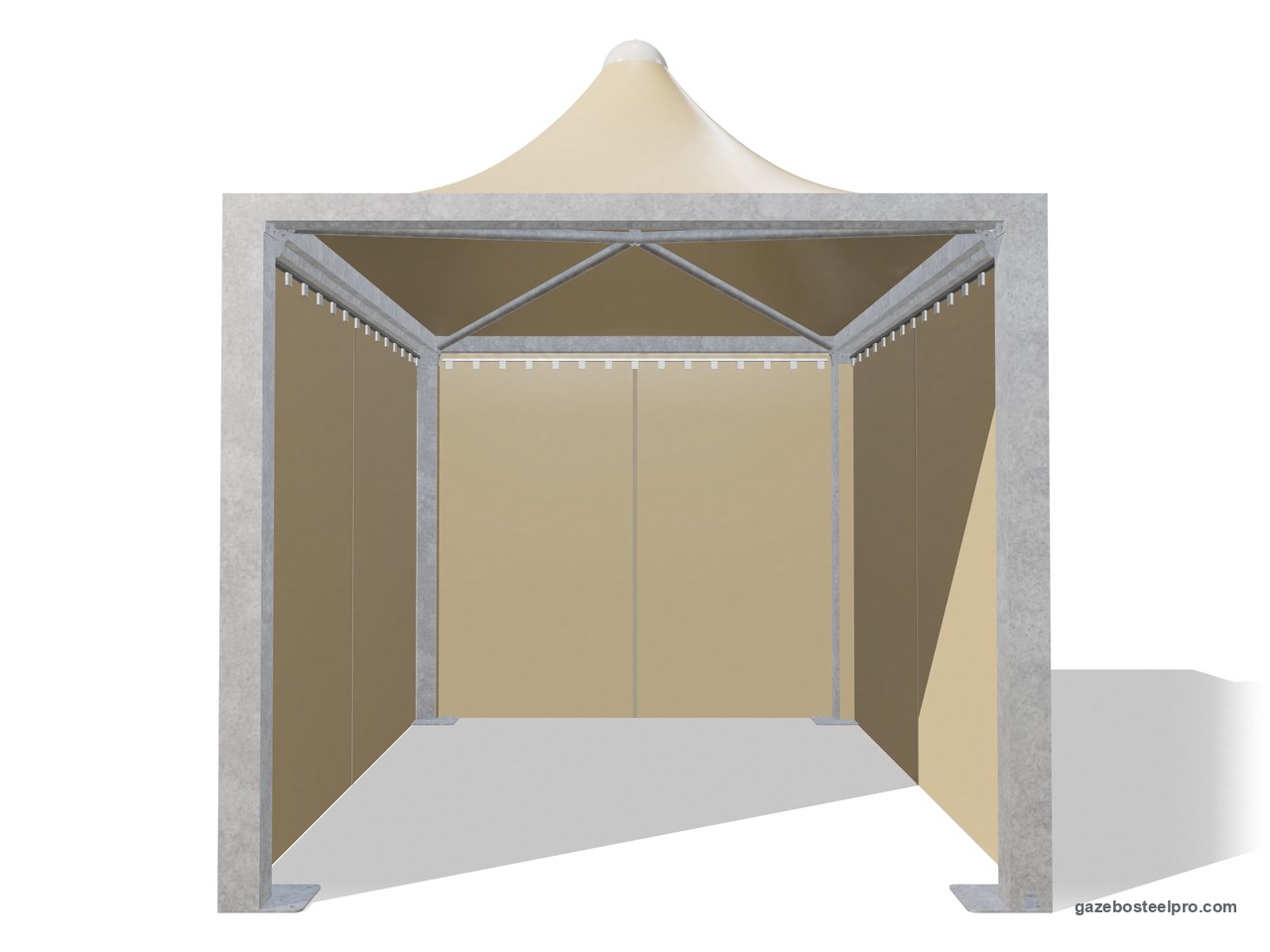 Gazebo 3x4 Airone Max Leggero con i laterali scorrevoli in PVC beige su tre lati, fronte aperto