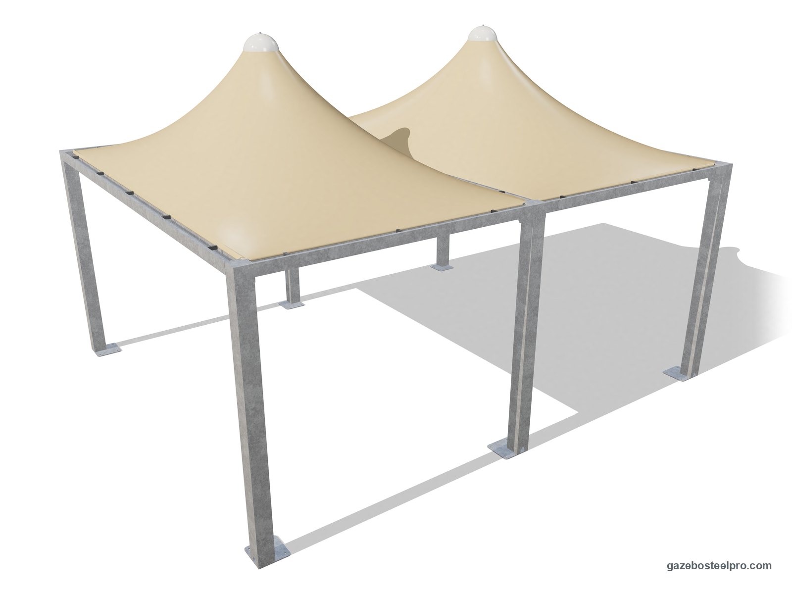 Due gazebo 3x5 Airone Max Leggero affiancati sul lato da 5 m, con montanti e trave in comune, due tetti a punta beige