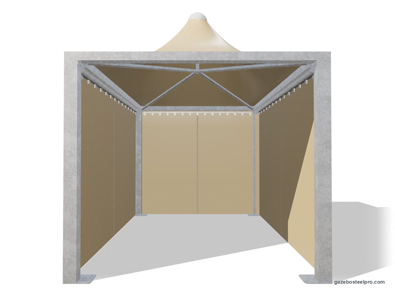 Gazebo 3x5 Airone Max Leggero con i laterali scorrevoli in PVC beige su tre lati, fronte aperto