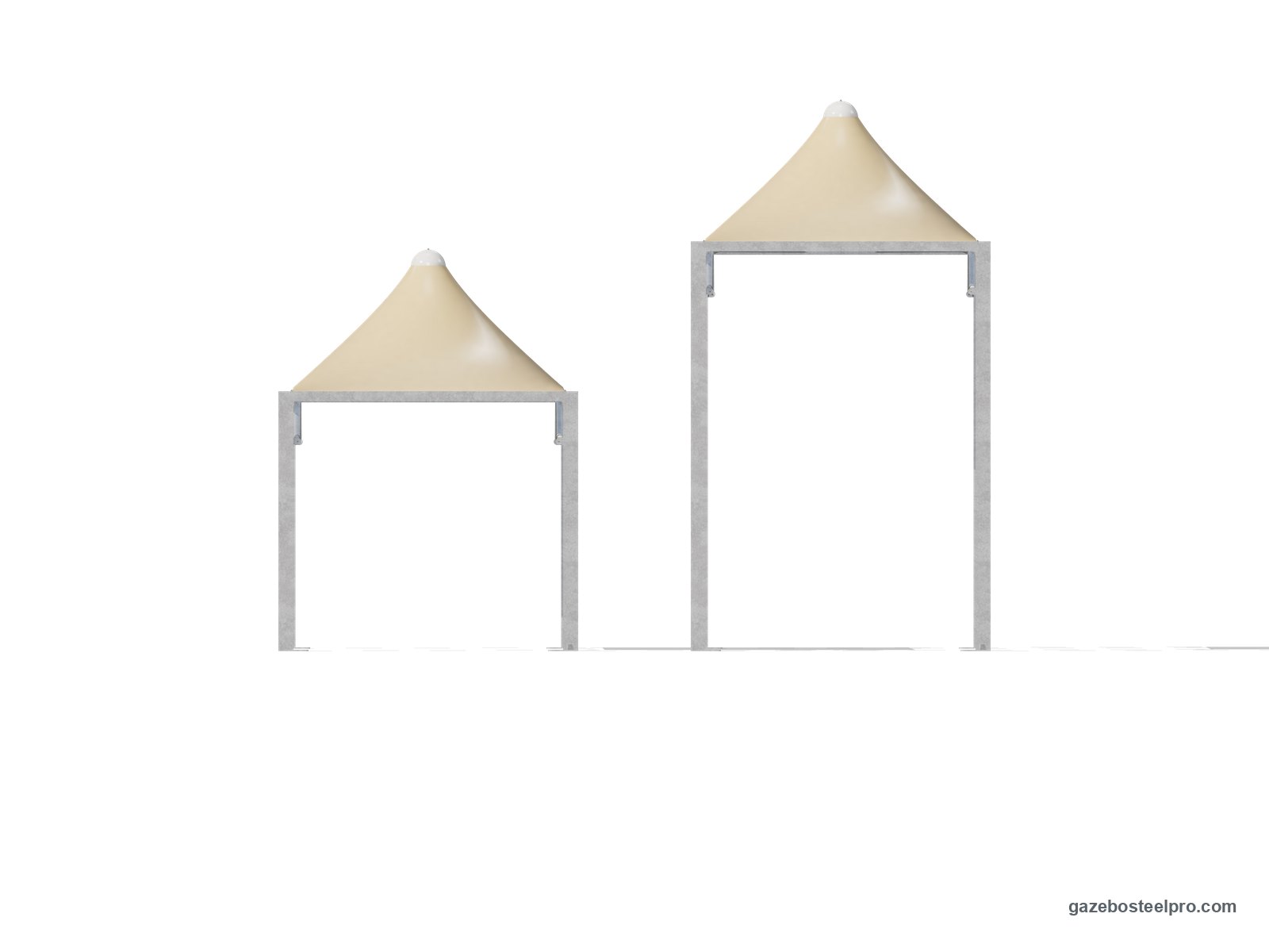 Lo stesso gazebo 3x6 Airone Max Leggero in prospetto a 2,50 m e a 4,00 m sotto la trave, con il tetto a punta beige