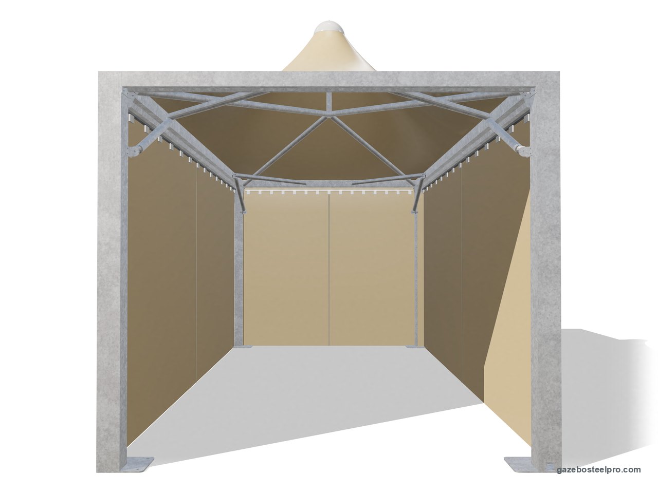 Gazebo 3x6 Airone Max Leggero con i laterali scorrevoli in PVC beige su tre lati, fronte aperto
