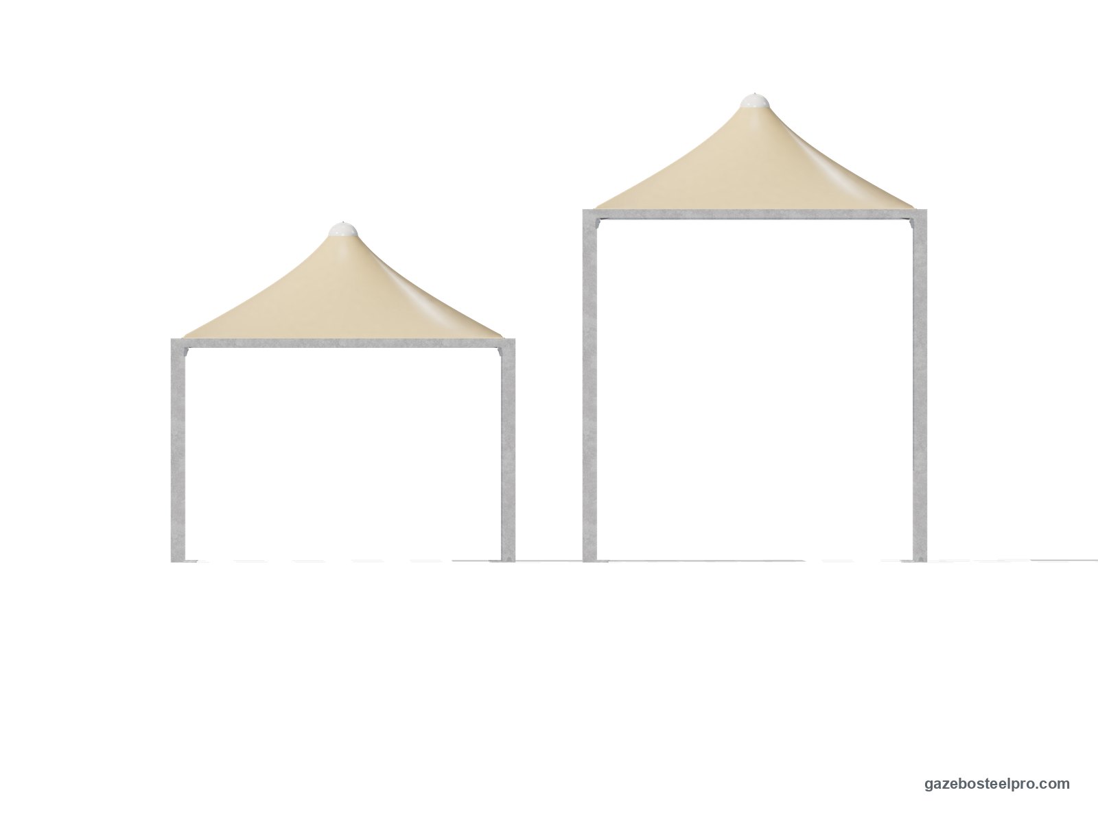 Lo stesso gazebo 4x4 Airone Max Leggero in prospetto a 2,50 m e a 4,00 m sotto la trave, con il tetto a punta beige
