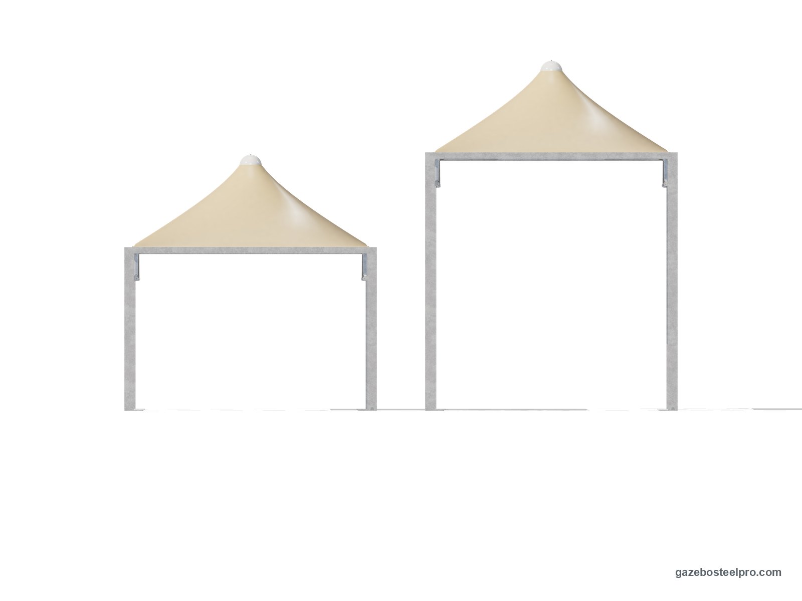 Lo stesso gazebo 4x6 Airone Max Leggero in prospetto a 2,50 m e a 4,00 m sotto la trave, con il tetto a punta beige