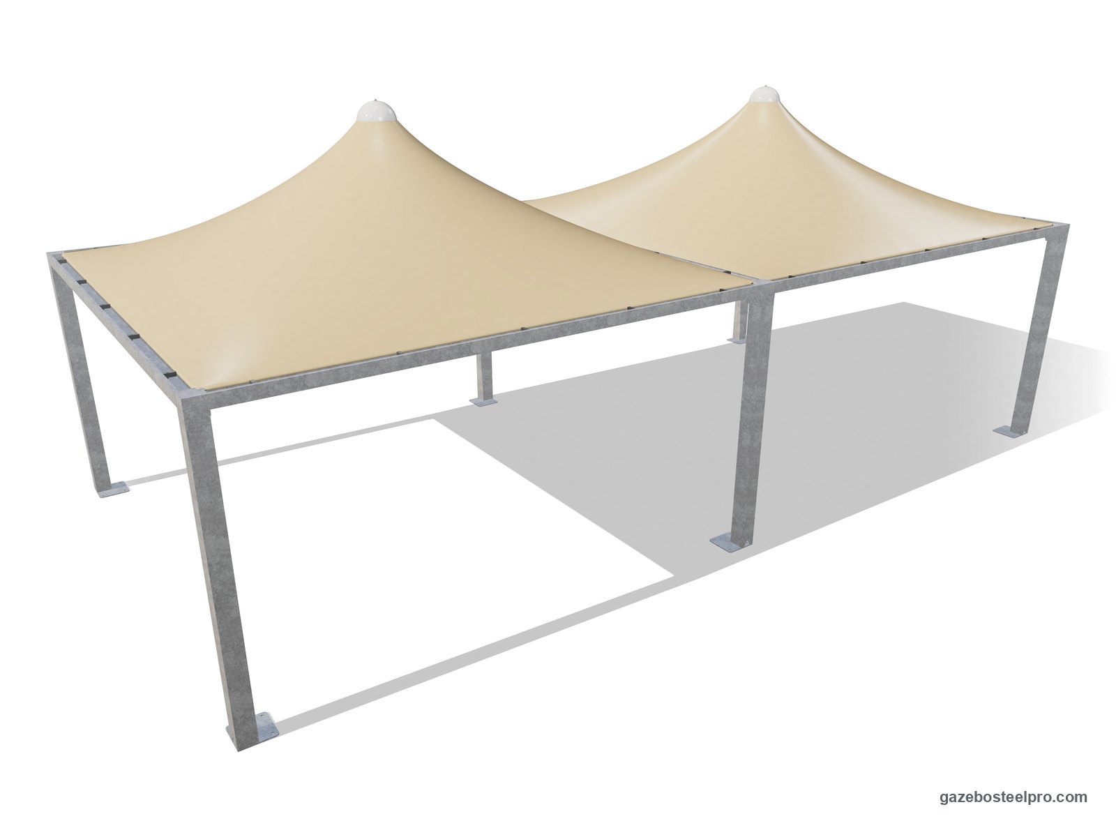 Due gazebo 5x5 Airone Max Leggero affiancati sul lato da 5 m, con montanti e trave in comune, due tetti a punta beige