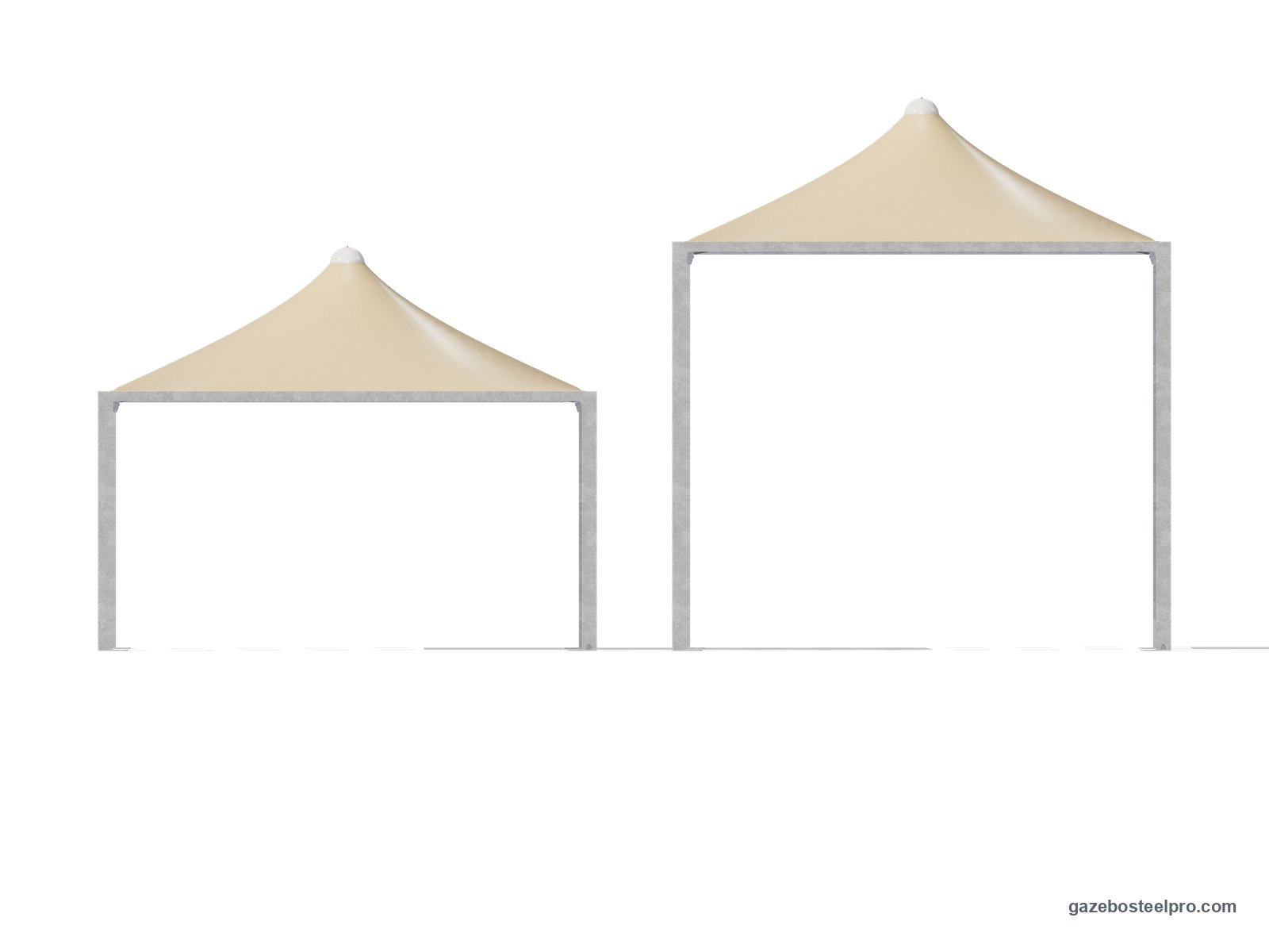 Lo stesso gazebo 5x5 Airone Max Leggero in prospetto a 2,50 m e a 4,00 m sotto la trave, con il tetto a punta beige