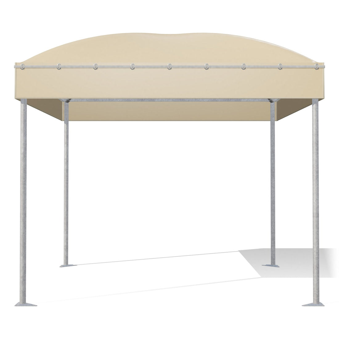 Gazebo 3x3 Gemma Basic visto di fronte: montanti tondi Ø60 zincati, barre perimetrali e archi sotto il telo beige RAL 1014