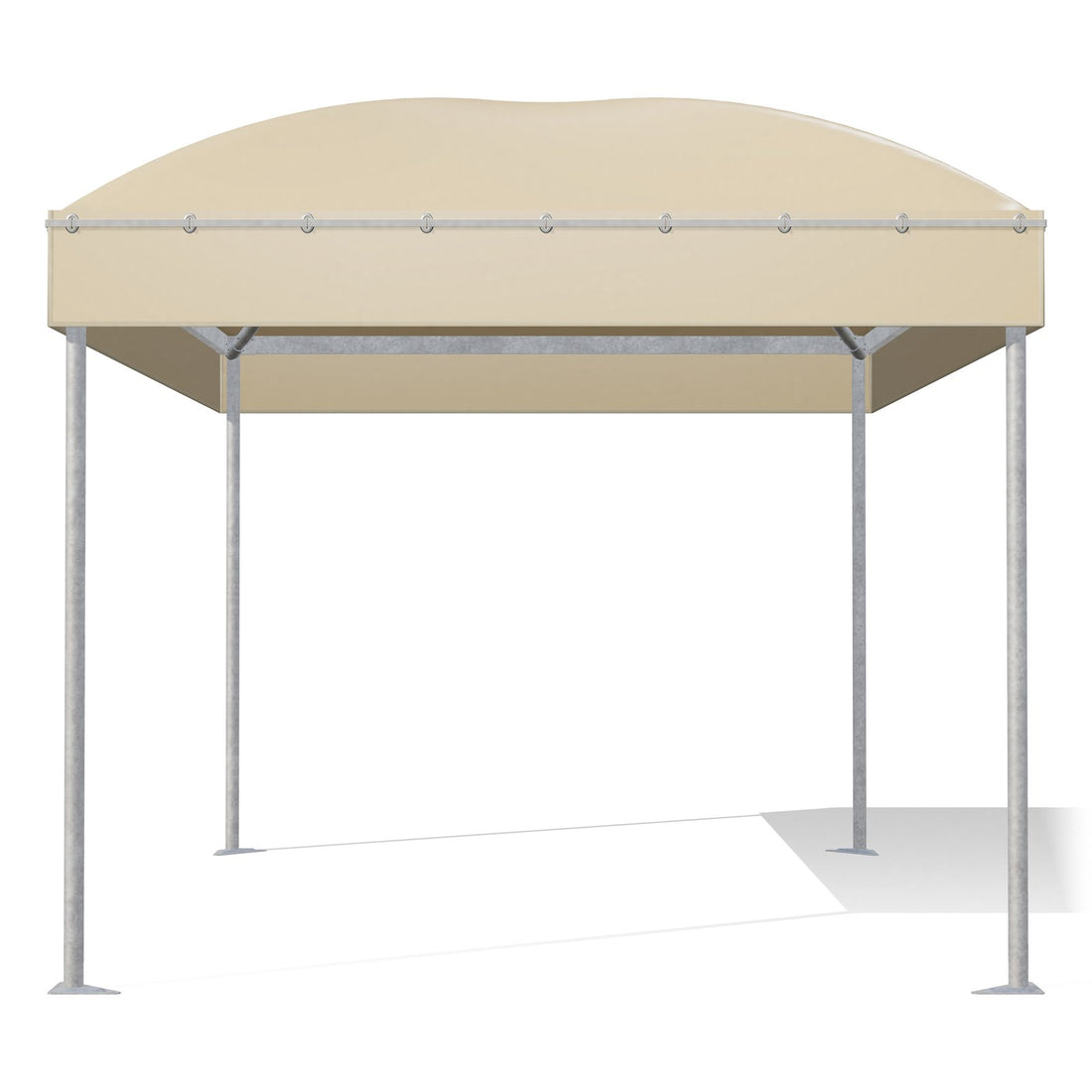 Gazebo 3x4 Gemma Basic visto di fronte: montanti tondi Ø60 zincati, barre perimetrali e archi sotto il telo beige RAL 1014