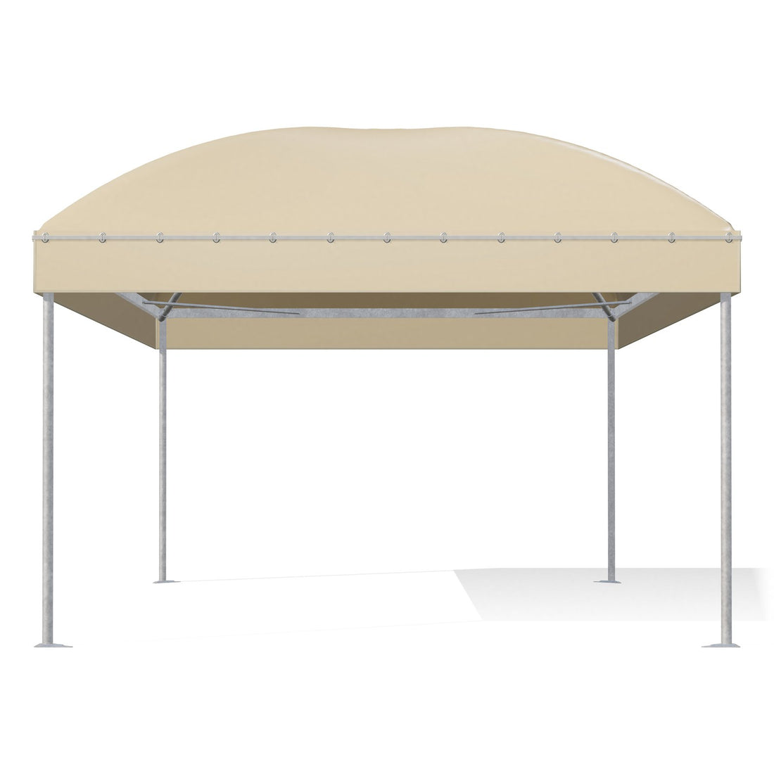 Gazebo 4x6 Gemma Basic visto di fronte: montanti tondi Ø60 zincati, barre perimetrali e archi sotto il telo beige RAL 1014