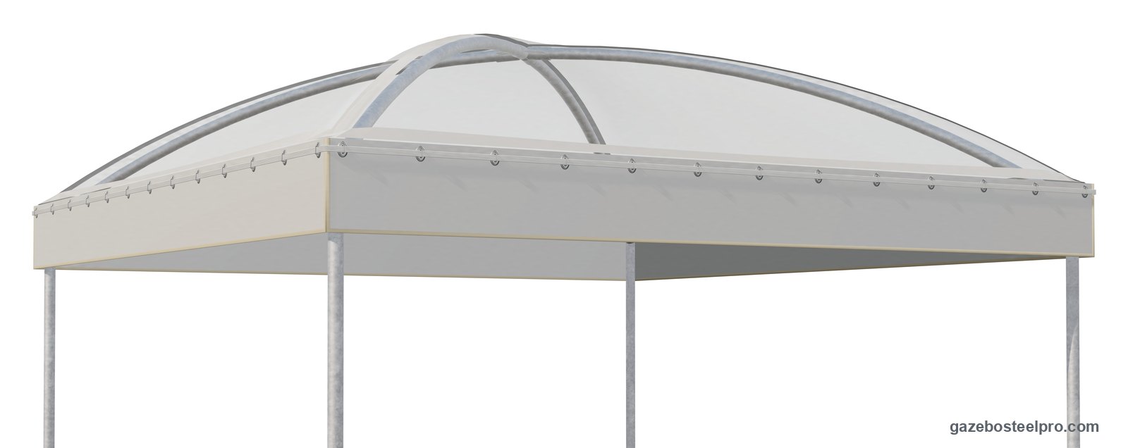 Gazebo Gemma Basic con il tetto in PVC Cristal trasparente: attraverso il telo si vedono i due archi, mantovana in PVC