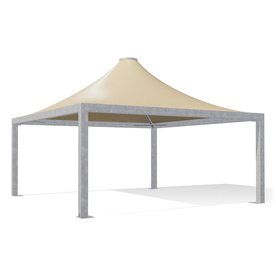 Gazebo 6x6 Airone Max Pesante zincato con tetto a punta e telo beige RAL 1014, vista 3D di tre quarti