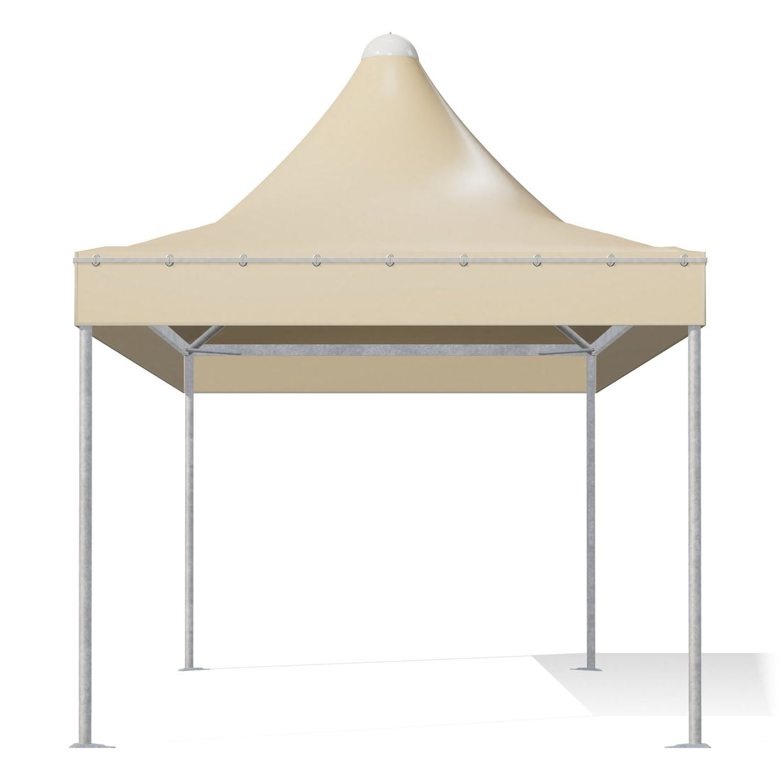 Gazebo 3x6 Airone Corallo visto di fronte: montanti tondi Ø60 zincati, travi perimetrali e traverse sotto il telo beige RAL 1014