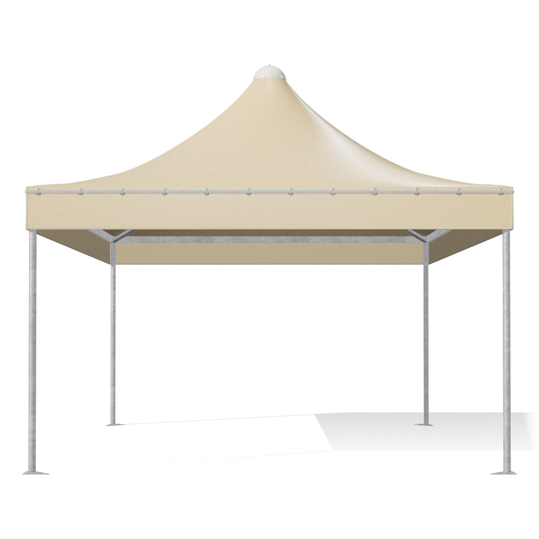Gazebo 4x5 Airone Corallo visto di fronte: montanti tondi Ø60 zincati, travi perimetrali e traverse sotto il telo beige RAL 1014