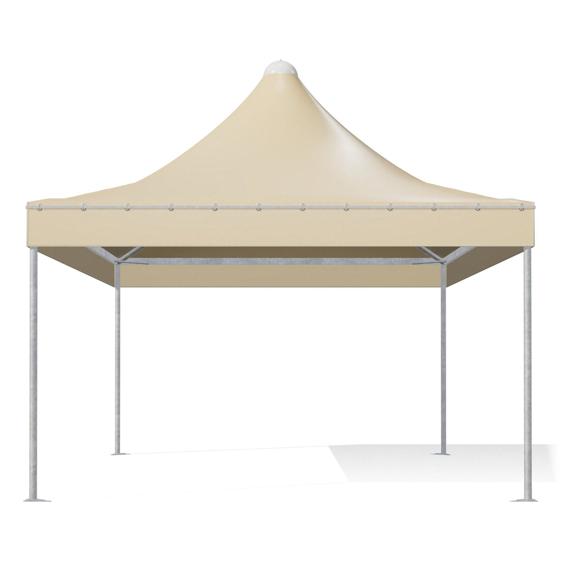 Gazebo 4x6 Airone Corallo visto di fronte: montanti tondi Ø60 zincati, travi perimetrali e traverse sotto il telo beige RAL 1014