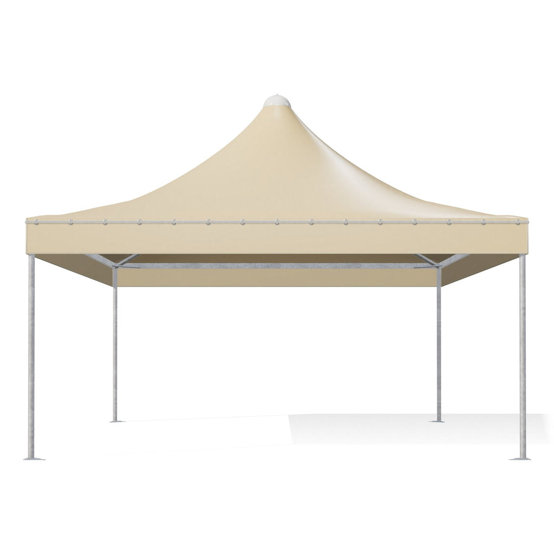 Gazebo 5x6 Airone Corallo visto di fronte: montanti tondi Ø60 zincati, travi perimetrali e traverse sotto il telo beige RAL 1014