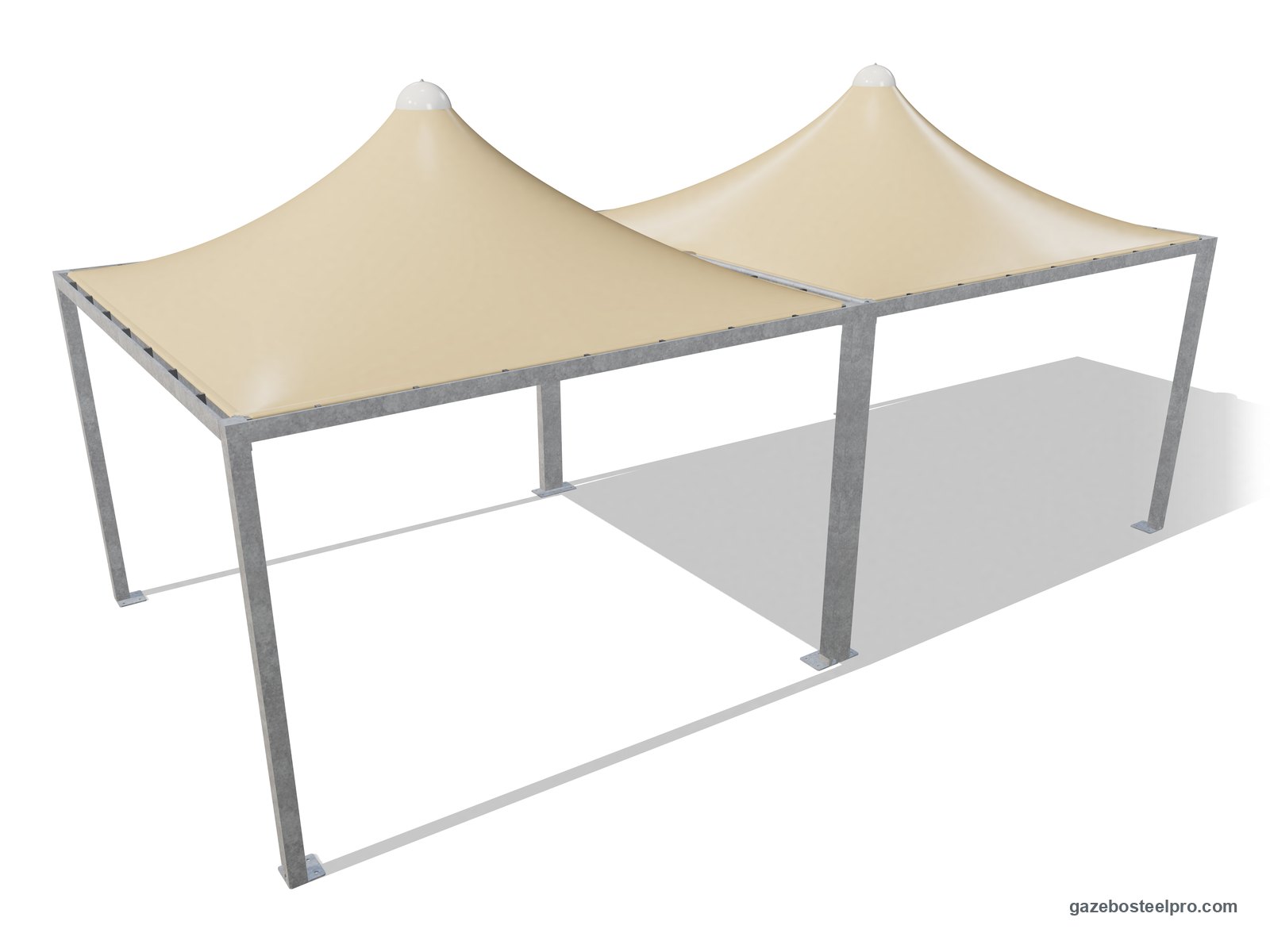 Due gazebo Airone Middle 4x4 affiancati trave contro trave: 8 × 4 m coperti, due tetti a punta beige