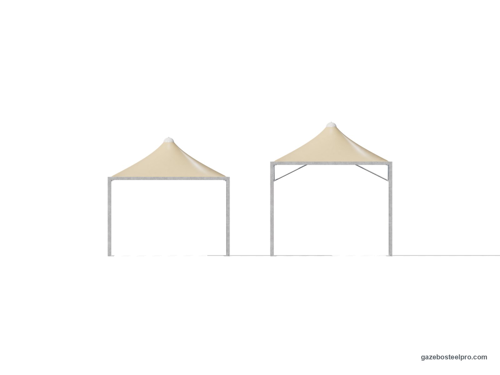 Lo stesso gazebo Airone Middle 4x4 in prospetto a 2,50 m e a 3,00 m sotto la trave, con il tetto a punta beige