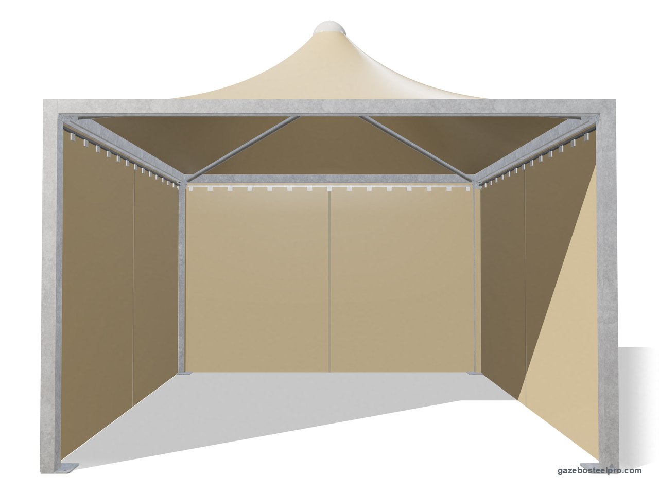 Gazebo Airone Middle con i laterali scorrevoli in PVC beige su tre lati, fronte aperto