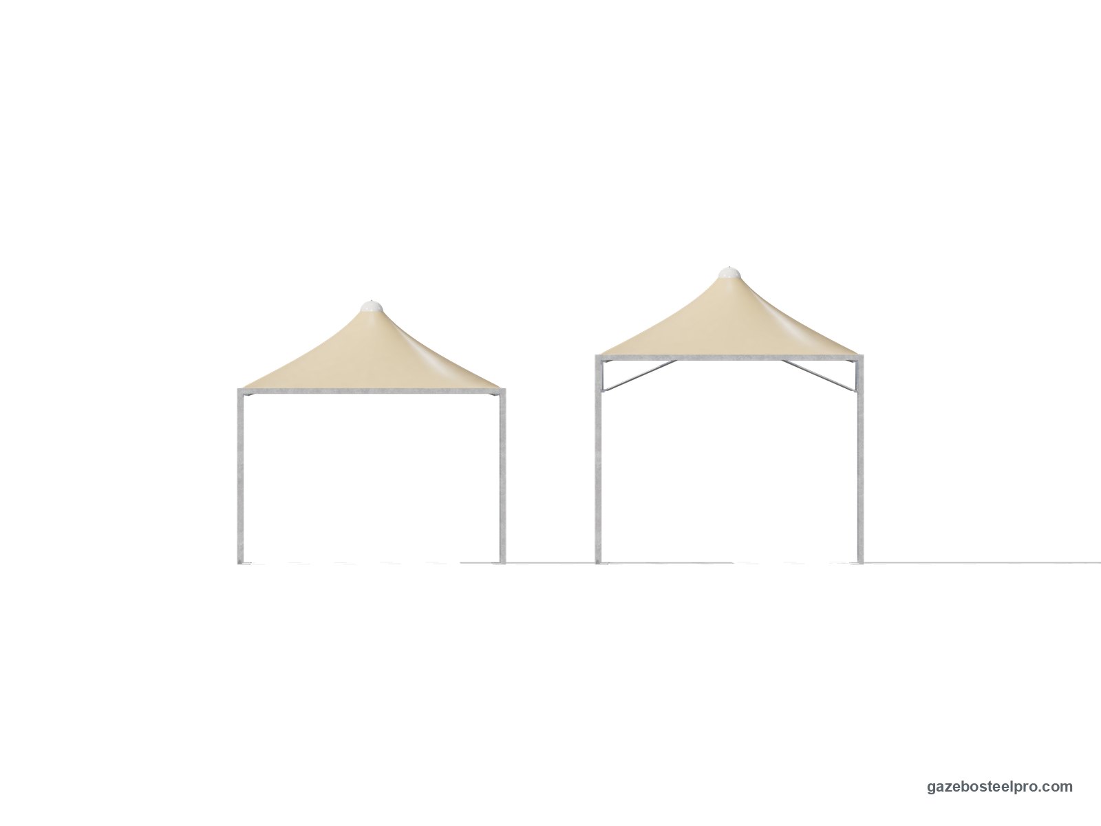 Lo stesso gazebo Airone Minimax 4x4 in prospetto a 2,50 m e a 3,00 m sotto la trave, con il tetto a punta beige