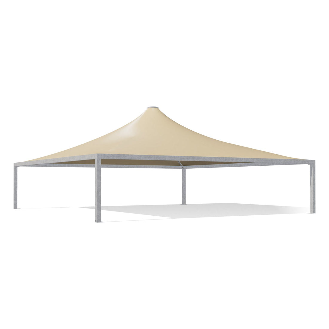 Gazebo 12x12 Airone Max Pesante zincato con tetto a punta e telo beige RAL 1014, vista 3D di tre quarti