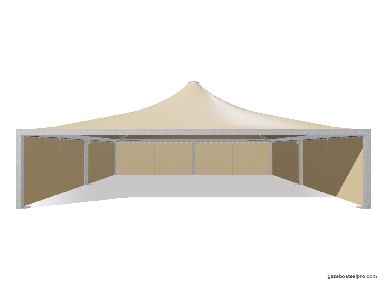 Gazebo 12x12 Airone Max Pesante con i laterali scorrevoli in PVC beige su tre lati, fronte aperto