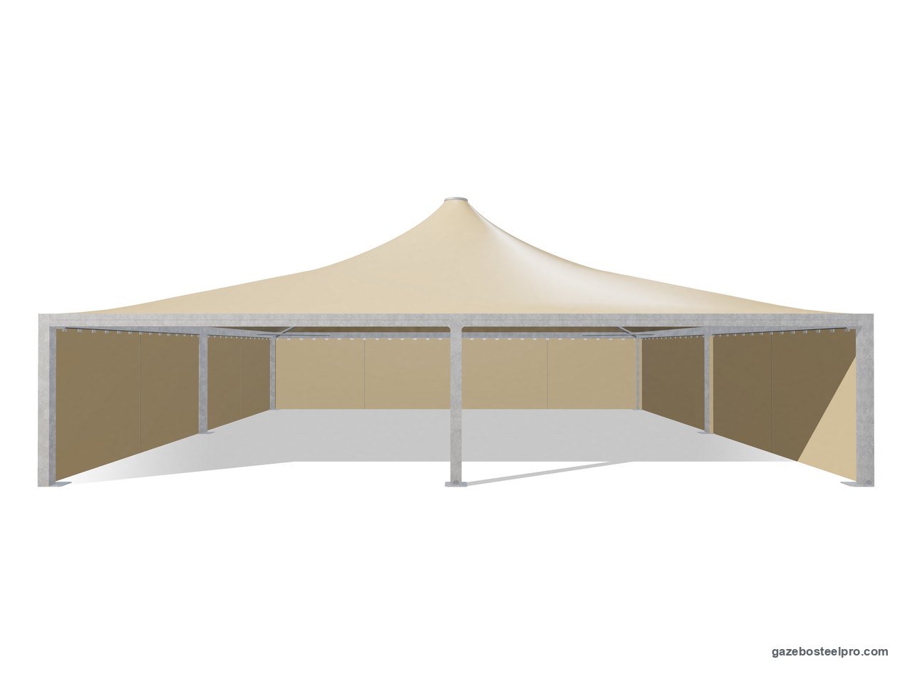 Gazebo 13x13 Airone Max Pesante con i laterali scorrevoli in PVC beige su tre lati, fronte aperto