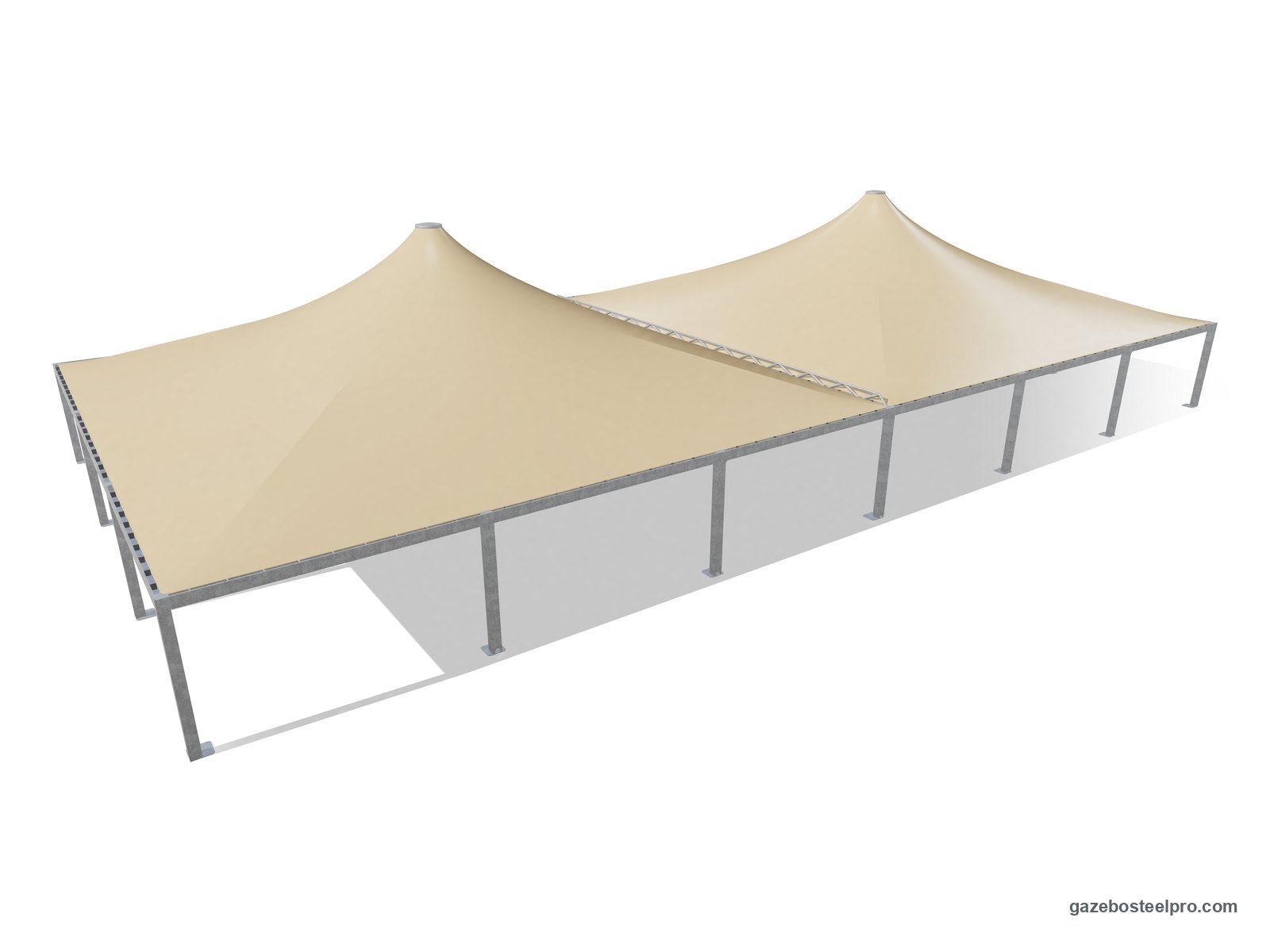 Due gazebo 15x15 Airone Max Pesante affiancati con montanti e trave in comune: 30 × 15 m coperti