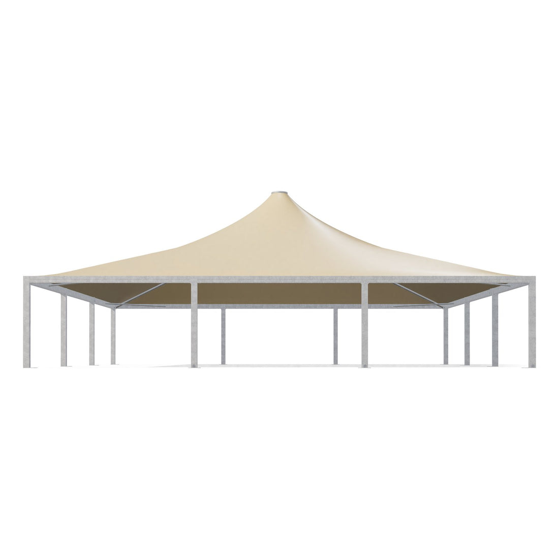 Gazebo 15x15 Airone Max Pesante di fronte: montanti 175×175 zincati e telo beige RAL 1014