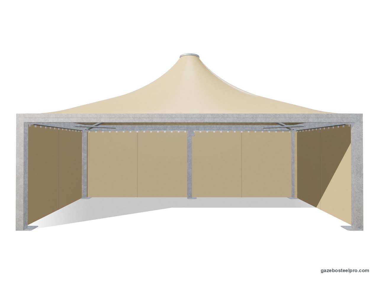 Gazebo 4x8 Airone Max Pesante con i laterali scorrevoli in PVC beige su tre lati, fronte aperto