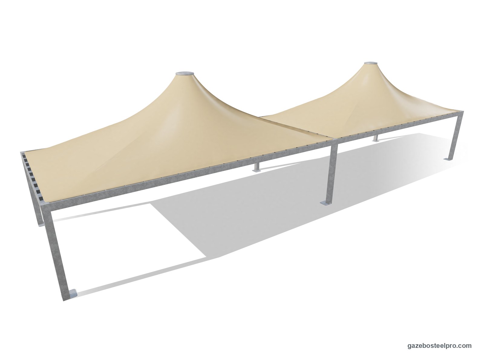Due gazebo 5x10 Airone Max Pesante affiancati con montanti e trave in comune: 20 × 5 m coperti