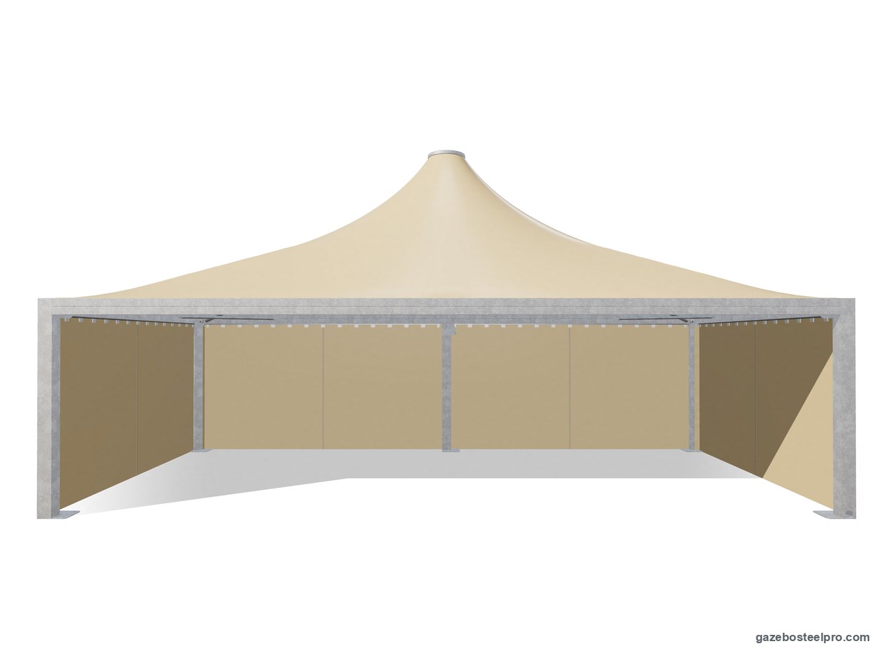 Gazebo 5x10 Airone Max Pesante con i laterali scorrevoli in PVC beige su tre lati, fronte aperto