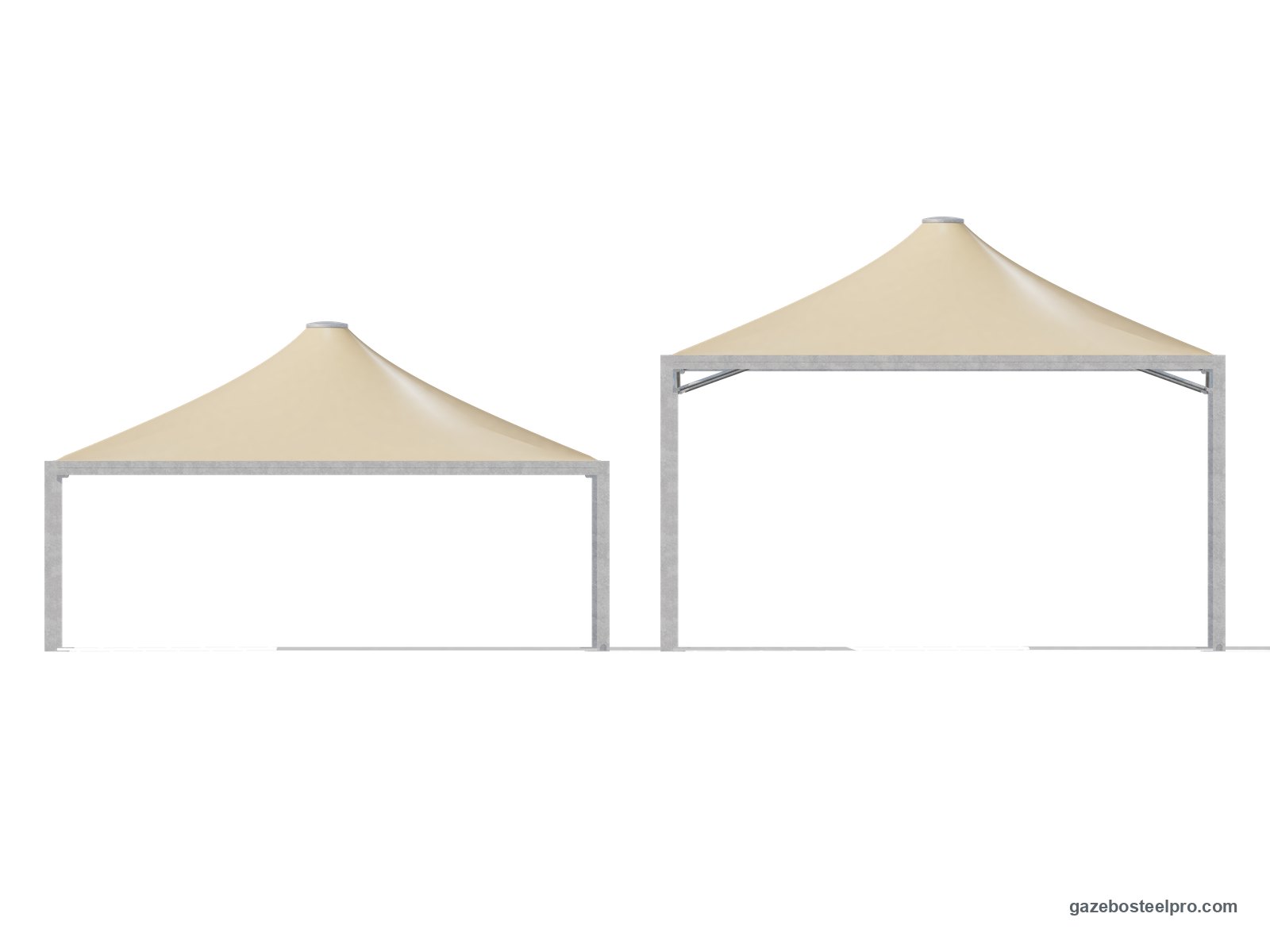 Lo stesso gazebo 8x8 Airone Max Pesante a 2,50 m e a 4,00 m sotto la trave