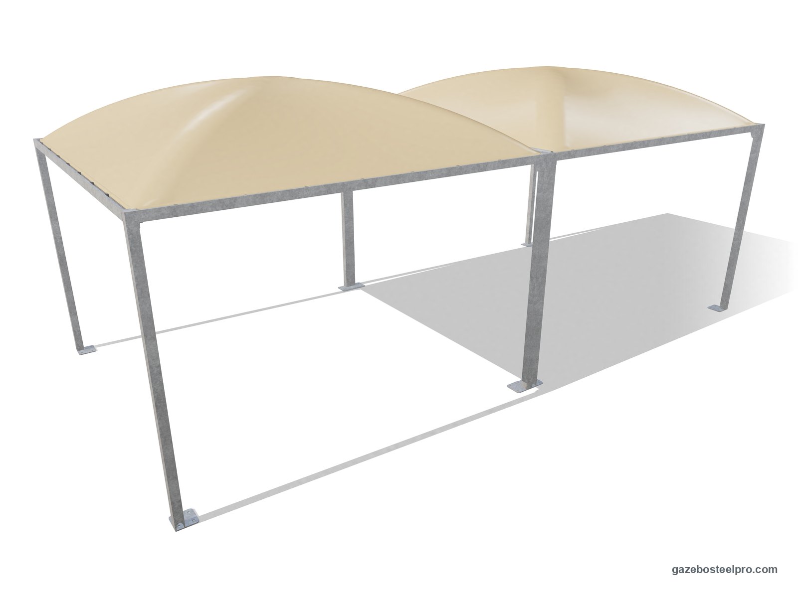 Due gazebo Cicogna Minimax 4x4 affiancati trave contro trave: 8 × 4 m coperti, due tetti a cupola beige
