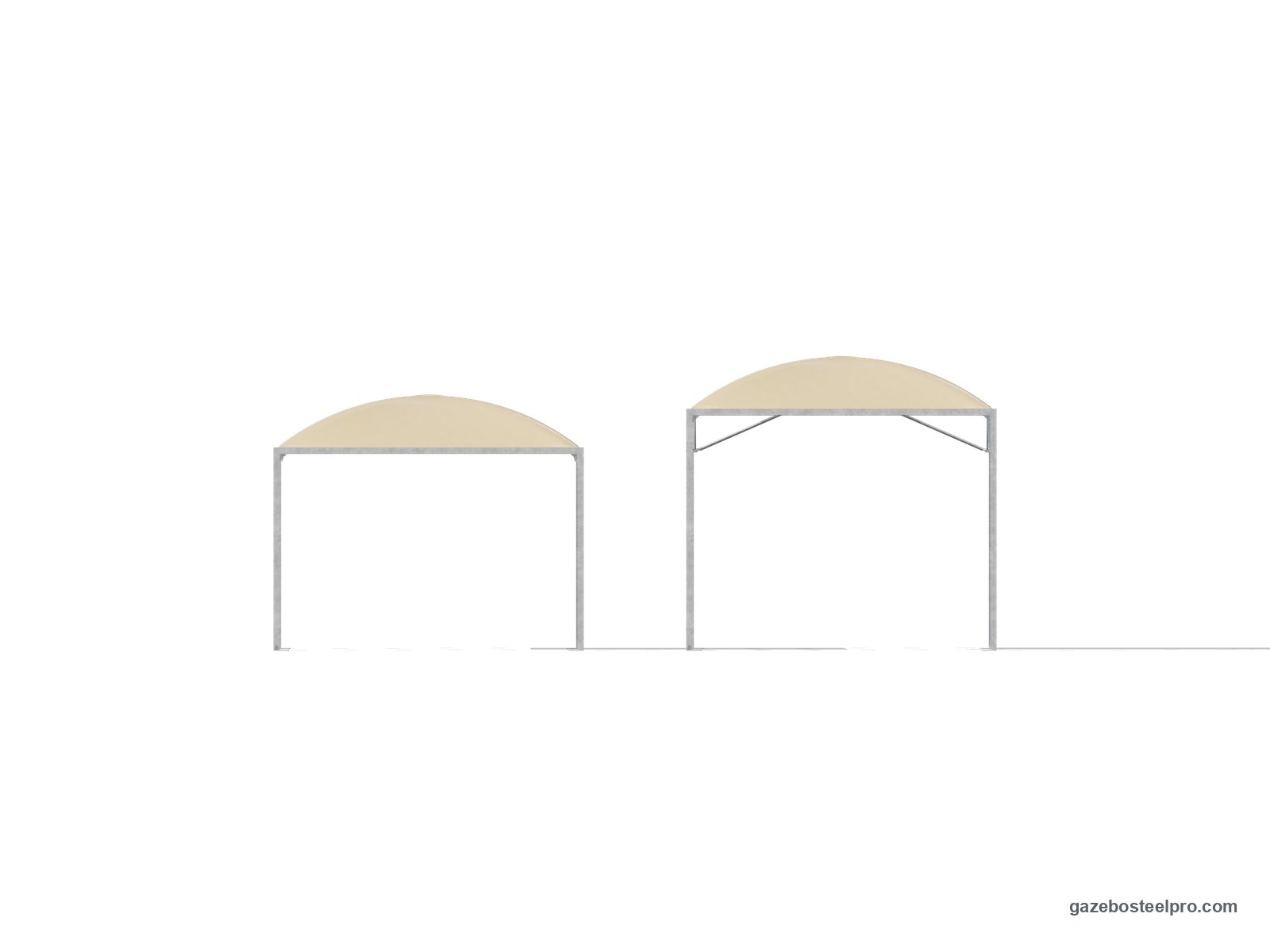 Lo stesso gazebo Cicogna Minimax 4x4 in prospetto a 2,50 m e a 3,00 m sotto la trave, con il tetto a cupola beige