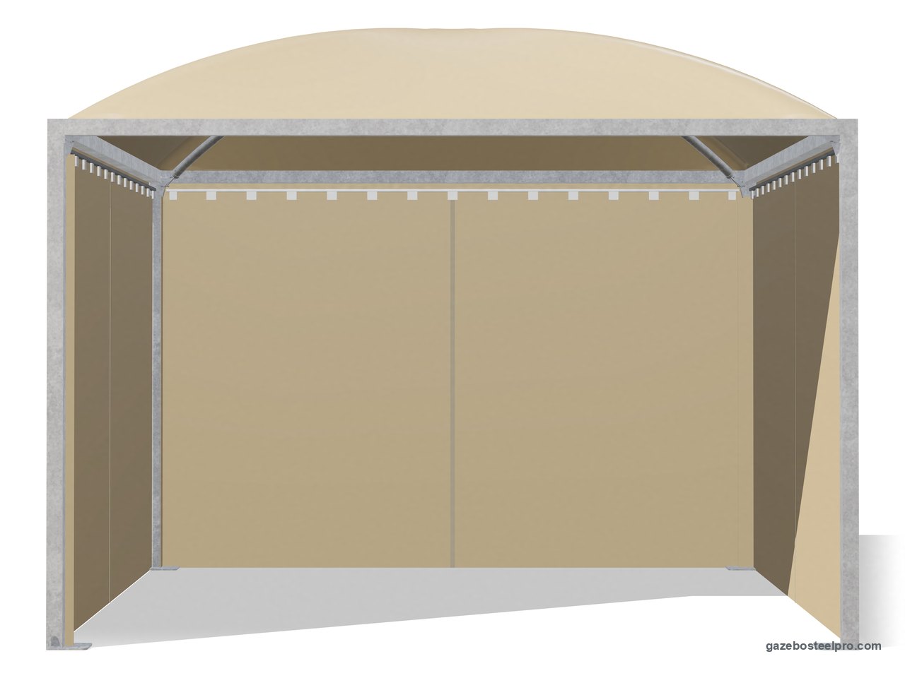 Gazebo Cicogna Minimax con i laterali scorrevoli in PVC beige su tre lati, fronte aperto