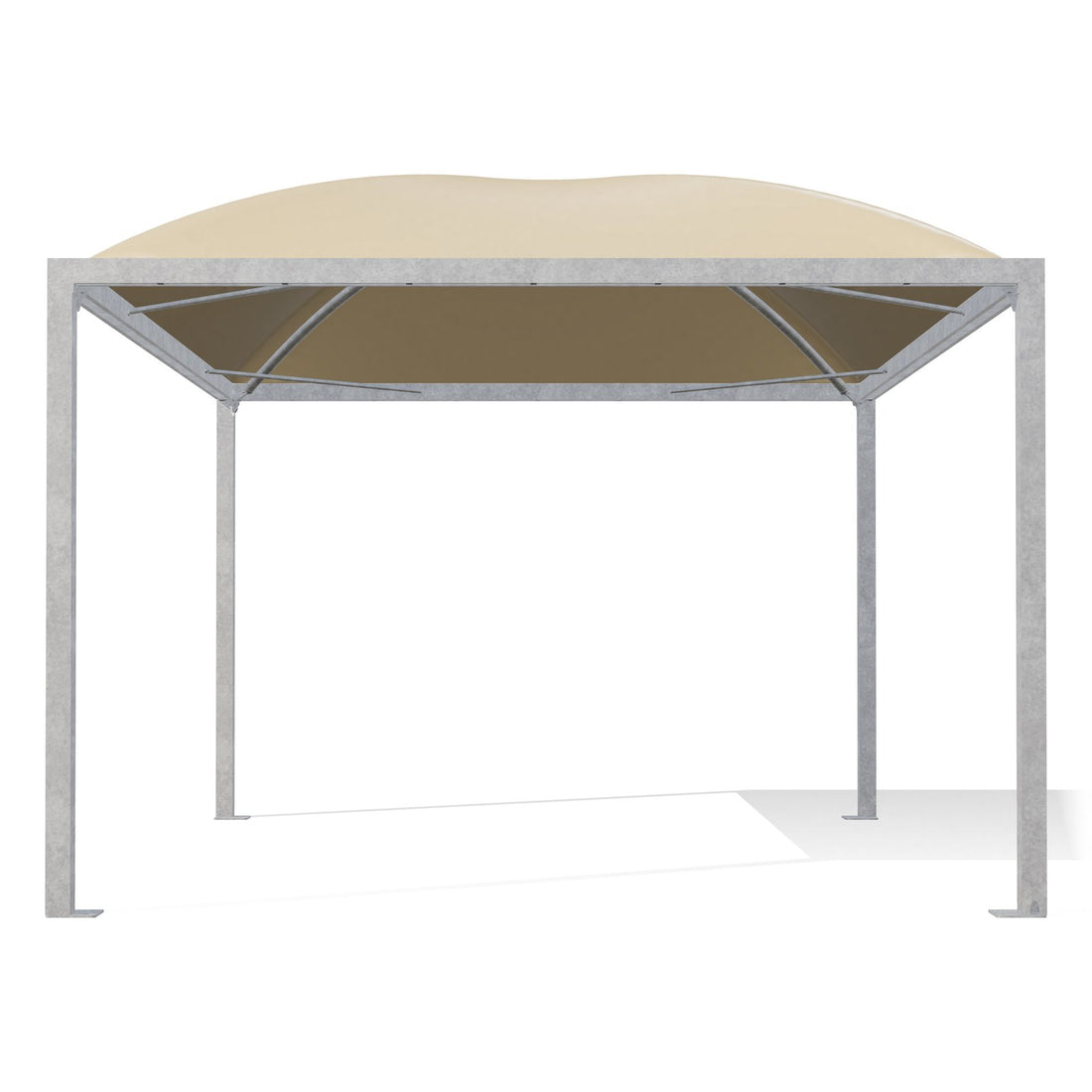 Gazebo 4x5 Cicogna Middle di fronte: montanti 100×100 zincati e i due archi incrociati sotto il telo beige RAL 1014
