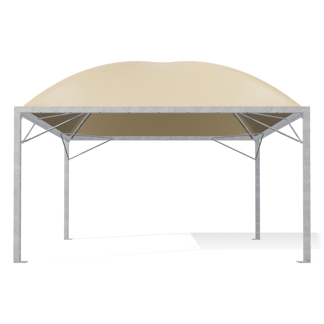 Gazebo 5x5 Cicogna Middle di fronte: montanti 100×100 zincati e i due archi incrociati sotto il telo beige RAL 1014