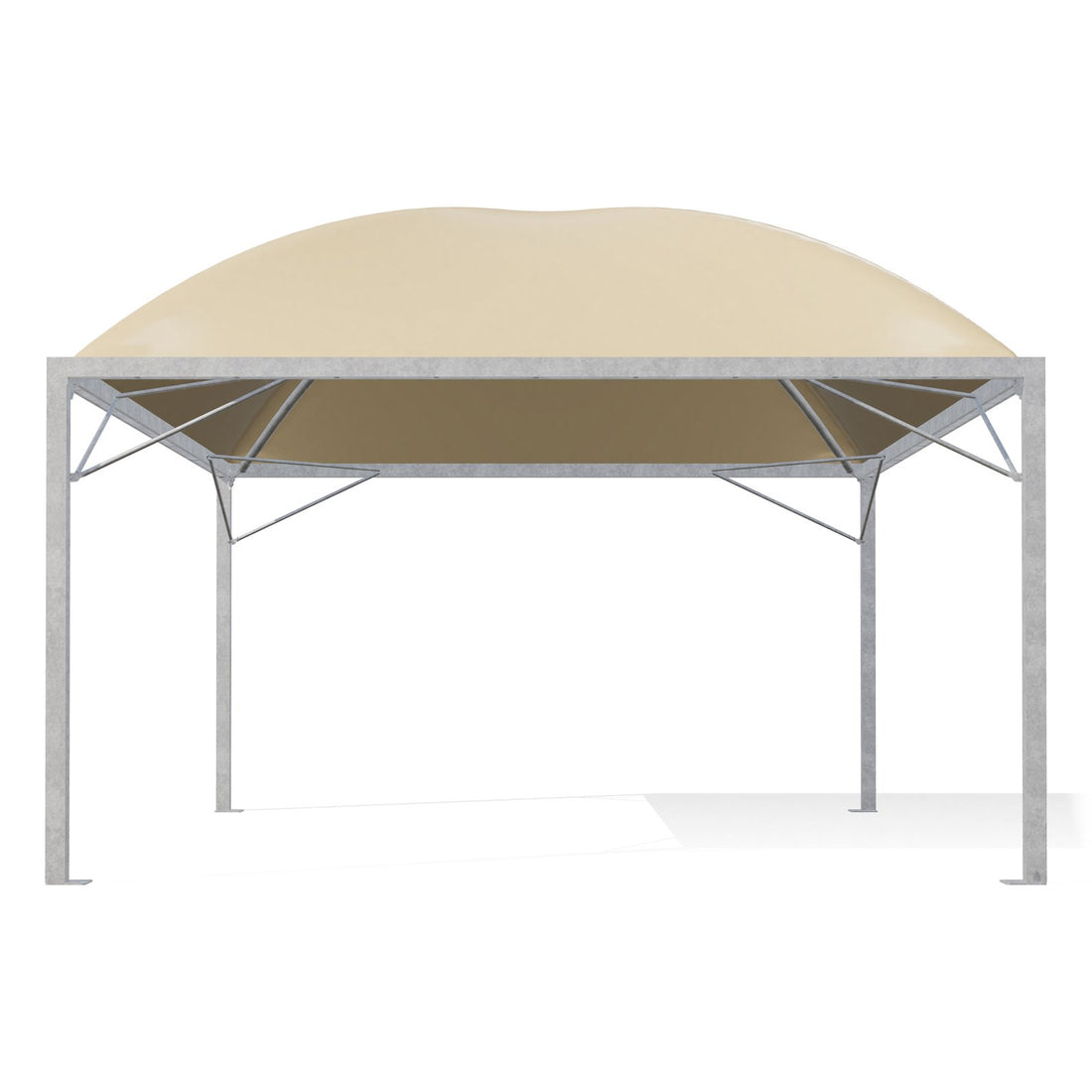 Gazebo 5x6 Cicogna Middle di fronte: montanti 100×100 zincati e i due archi incrociati sotto il telo beige RAL 1014