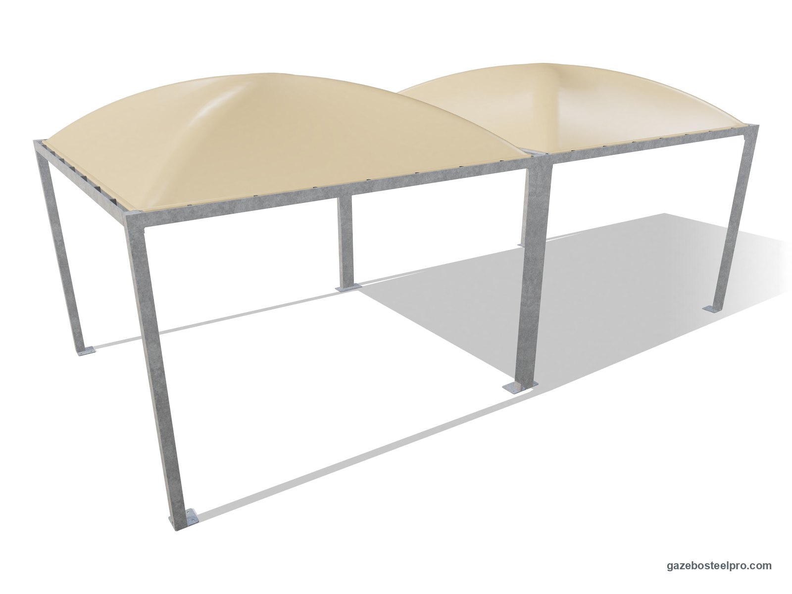 Due gazebo Cicogna Middle 4x4 affiancati trave contro trave: 8 × 4 m coperti, due tetti a cupola beige
